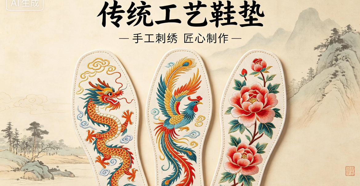 🧶 Handmade Chinese Embroidered Insoles, Traditional Dragon Phoenix Peony Pattern, Breathable Cotton Shoe Inserts, Non-Slip Comfort Foot Pads
