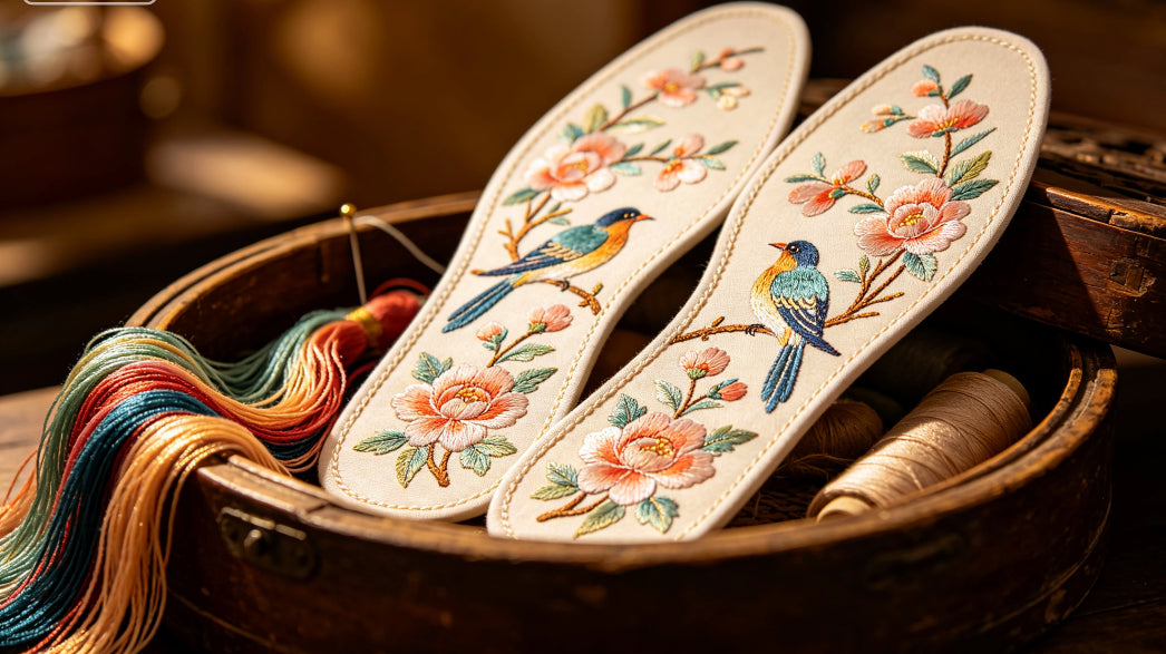 🦶 Vintage Floral & Bird Embroidered Insoles | Handcrafted Chinese Folk Art Shoe Liners